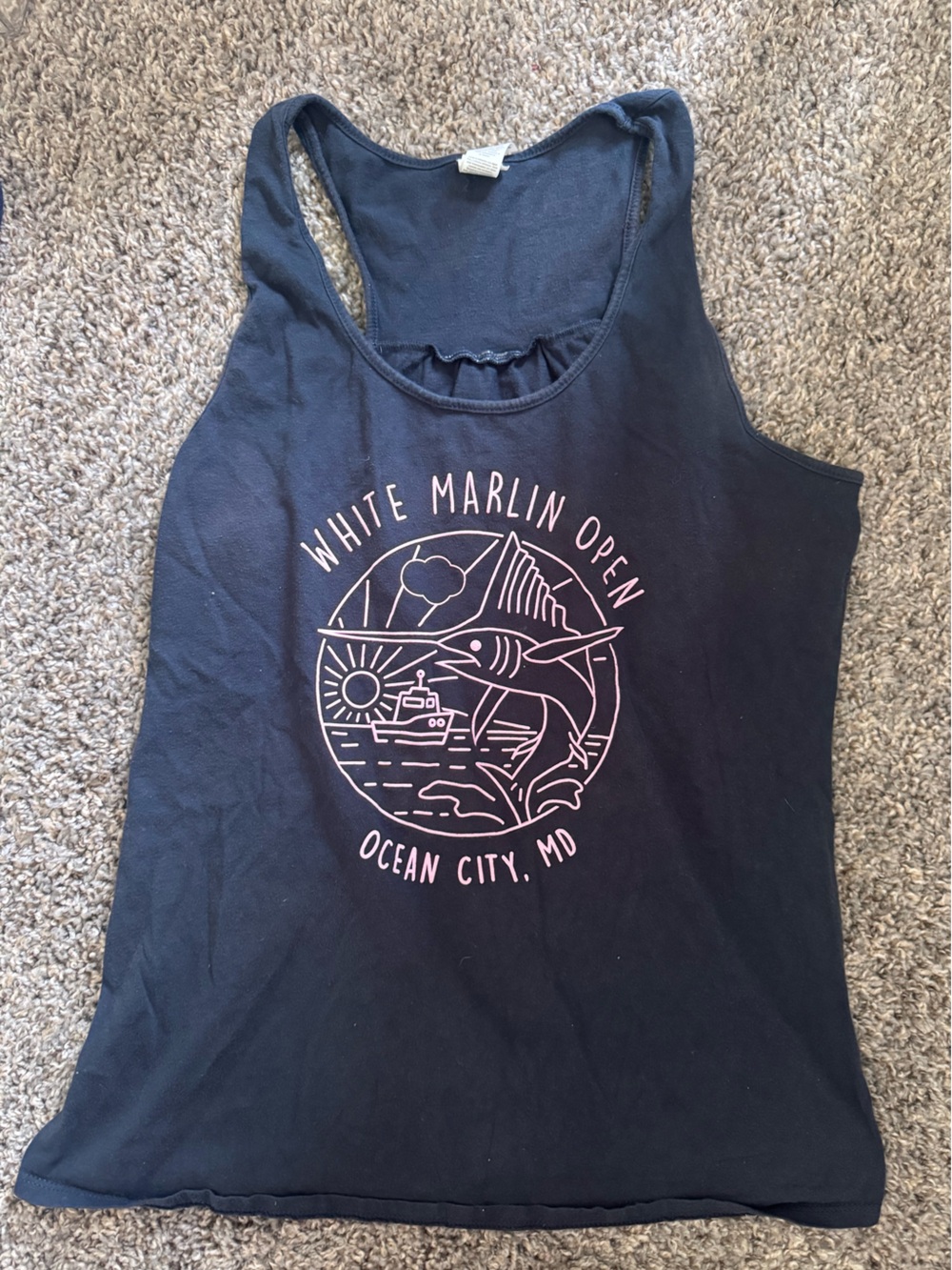 LIMITED EDITION White Marlin Open Graphic Tank Top - Navy with Pink Logo